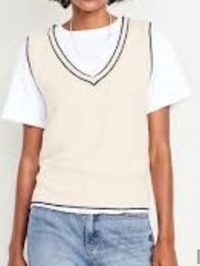Old Navy Cream V-Neck  Sweater Vest with Black Trim